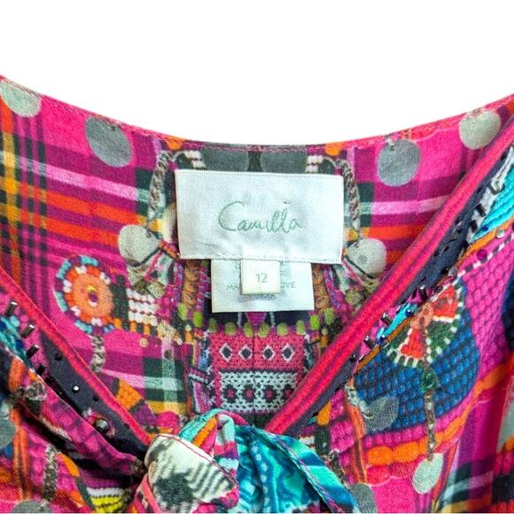 Camilla Silk Mini Dress Pink Tribal Print Sleeveless Size 12 Boho Resort Luxury - Picture 4 of 5